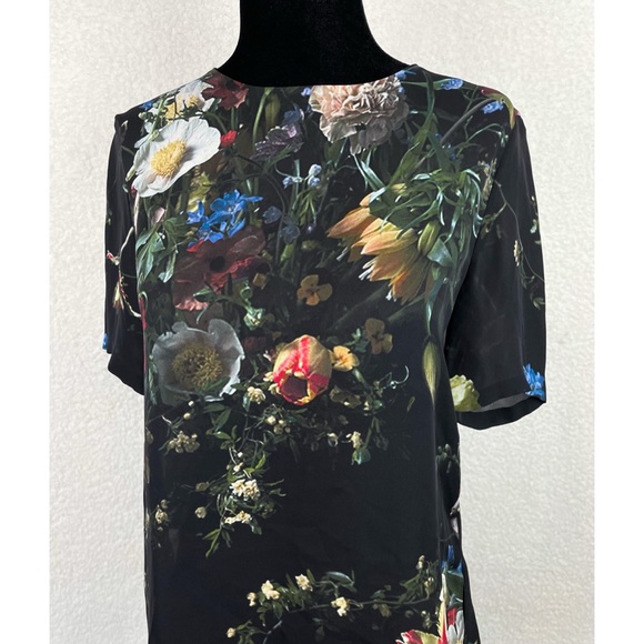 ADAM LIPPES • Black/Multi Floral Print Silk T-Shirt Blouse - Picture 9 of 13